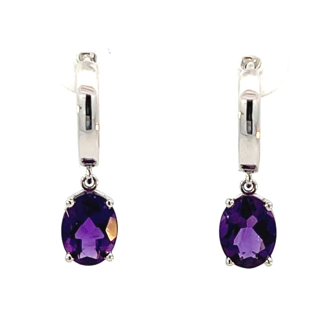 14K White Gold Oval Amethyst Dangle Earrings