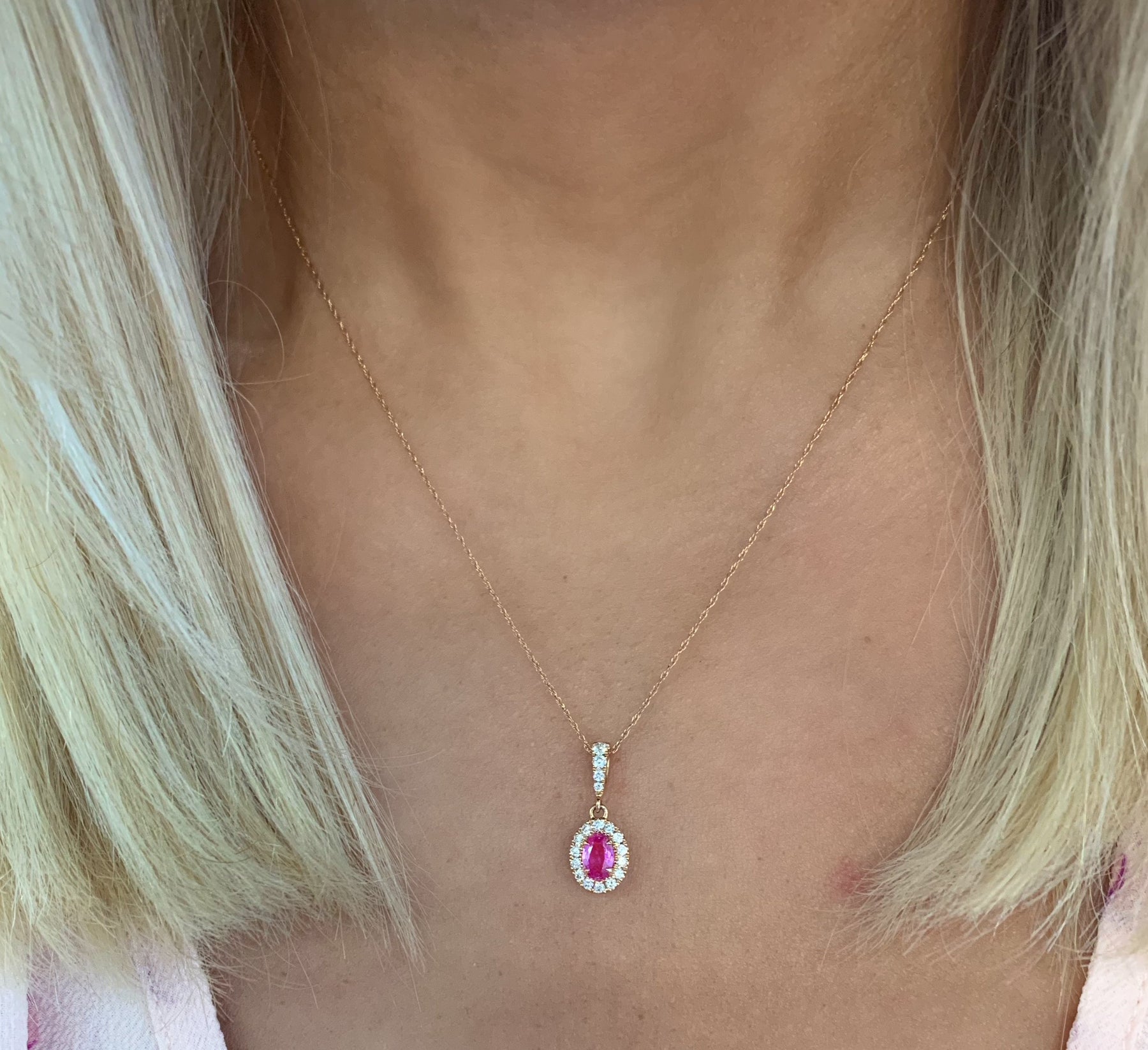 14K Rose Gold Oval Pink Sapphire Halo Necklace